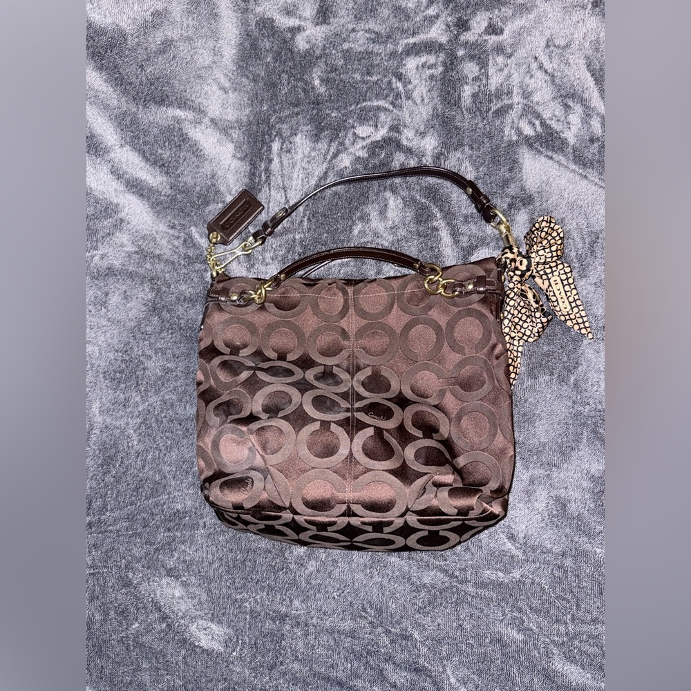 Coach Brown Shoulder Bag w/ Large Tag & Skinny Scarf